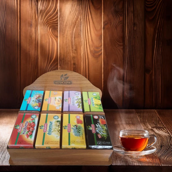 Altın Cezve Ahşap Standlı Süzen Poşet Bitki Çay Seti 8'li - Resim 4