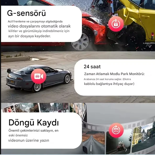 CC-33 Full HD 3 Kameralı Araç İçi Güvenlik Kamerası 128GB – IR Gece Görüşü, Ön-Arka-İç Kayıt,DashCam - 5