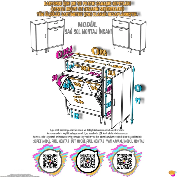 Modilayn YENİCE 105x97x32,5 cm 3 raflı ve 3 sepetli dolap ile çamaşırlarınız artık daha düzenli. - 4
