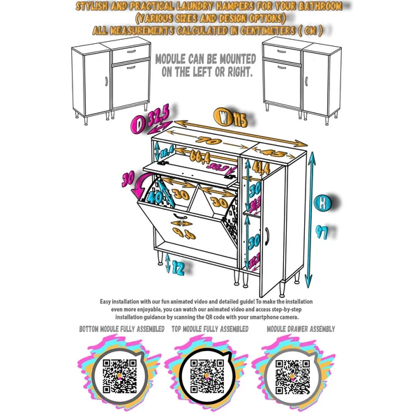 Modilayn YENİCE 115x97x32,5 cm 3 raflı ve 3 sepetli dolap ile çamaşırlarınız artık daha düzenli. - 5