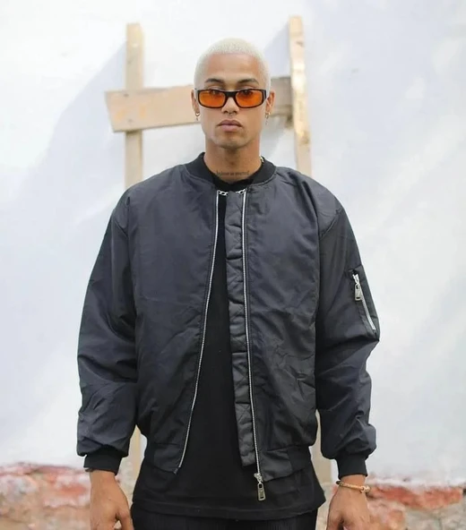 Erkek Düz Bomber Ceket - Siyah - Resim 8