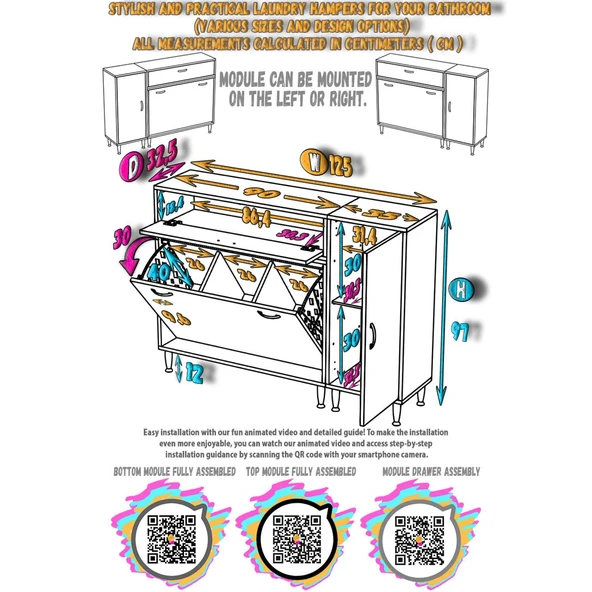 Modilayn YENİCE 125x97x32, 5 cm 3 raflı ve 3 sepetli dolap ile çamaşırlarınız artık daha düzenli. - 5