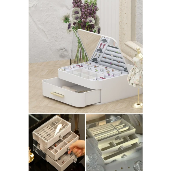 Piev House By House Çekmeceli Aynalı ve Üç Katlı Çekmeceli Takı Kozmetik Organizer İkili Set ürün görseli