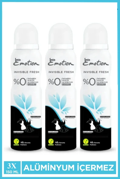 3 Adet Emotion Invisible Fresh Black & White Kadın Deodorant 150ml Vegan, Leke Bırakmaz - 1