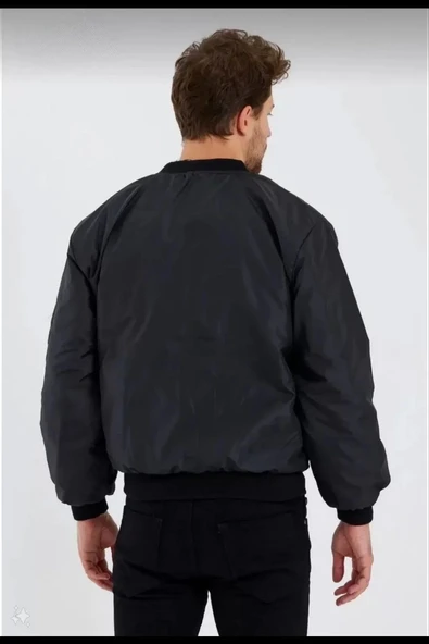 Unisex Uzun Kol Baskılı Bomber Ceket - Siyah - Resim 2