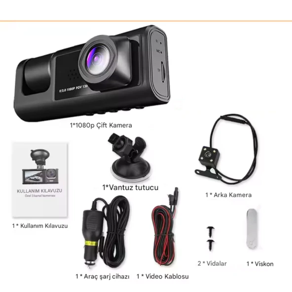 CC-33 Full HD 3 Kameralı Araç İçi Güvenlik Kamerası 128GB – IR Gece Görüşü, Ön-Arka-İç Kayıt,DashCam - 8