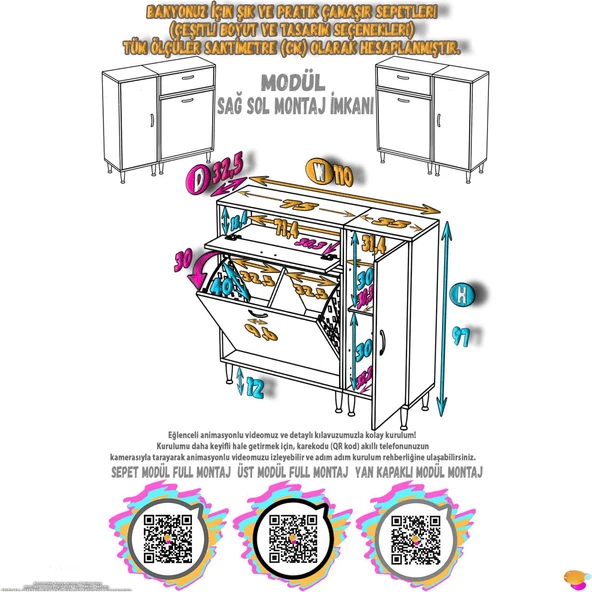Modilayn YENİCE 110x97x32, 5 cm 3 raflı ve 3 sepetli dolap ile çamaşırlarınız artık daha düzenli - 4