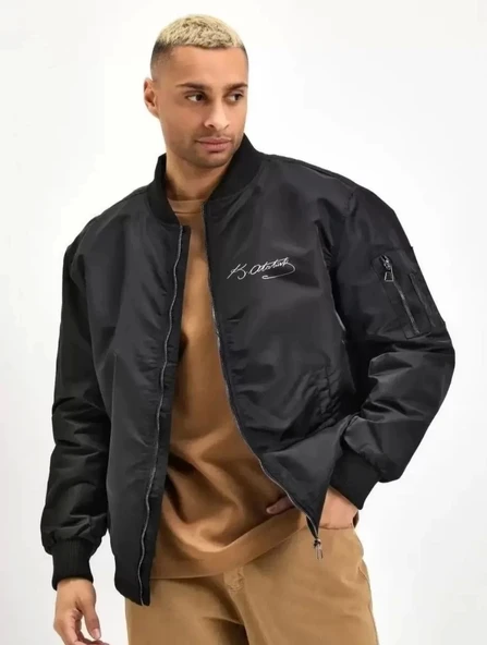 Unisex Uzun Kol Baskılı Bomber Ceket - Siyah - 1