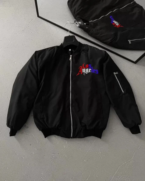 Tam Fermuarlı Uzun Kol Baskılı Bomber Ceket - Siyah ürün görseli 1