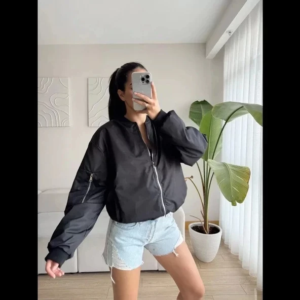 Unisex İçi Astarlı Düz Bomber Ceket - Siyah - Resim 6