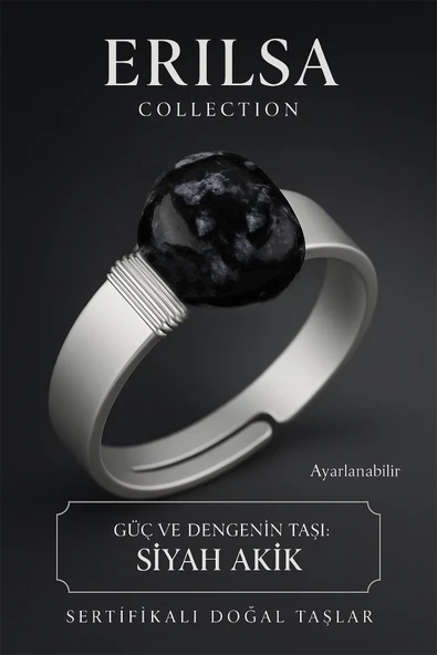 Sertifikalı Doğal Siyah Akik Taşı Yüzük – Ayarlanabilir Kalın Tımbıl Kasa ürün görseli