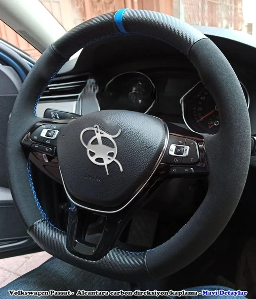 Golf 7 Jetta Passat Tiguan Polo-T-Roc F1 Dikmeli Araca Özel Direksiyon Kılıfı ALCANTRA KARBON ürün görseli