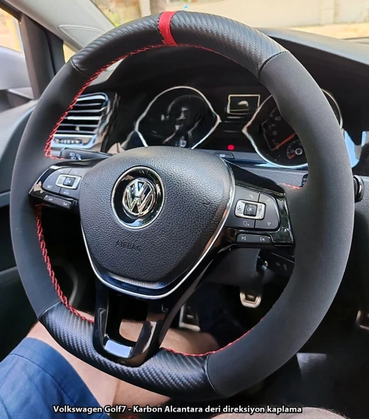 Golf 7 Jetta Passat Tiguan Polo-T-Roc F1 Dikmeli Araca Özel Direksiyon Kılıfı NUBUK KARBON YÜZÜKLÜ ürün görseli