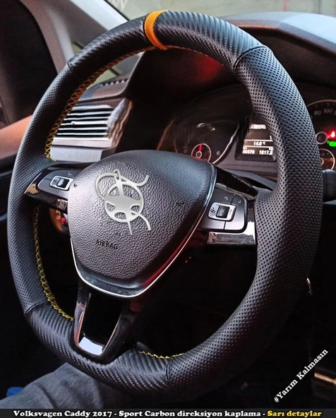 Golf 7 Jetta Passat Tiguan Polo F1 Dikmeli Araca Özel Direksiyon Kılıfı NOKTA KARBON SARI YÜZÜK - 1