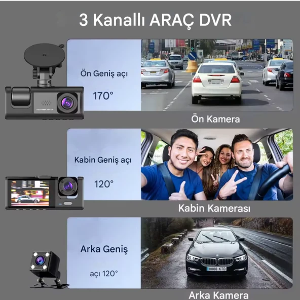 CC-33 Full HD 3 Kameralı Araç İçi Güvenlik Kamerası 128GB – IR Gece Görüşü, Ön-Arka-İç Kayıt,DashCam - 4