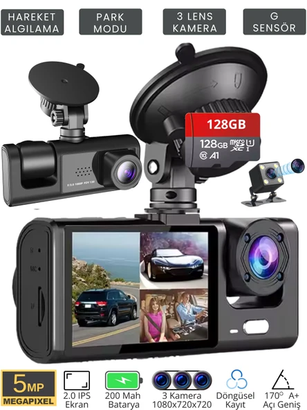 CC-33 Full HD 3 Kameralı Araç İçi Güvenlik Kamerası 128GB – IR Gece Görüşü, Ön-Arka-İç Kayıt,DashCam