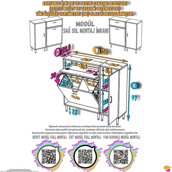 Modilayn YENİCE 130x97x32, 5 cm 3 raflı ve 3 sepetli dolap ile çamaşırlarınız artık daha düzenli - 4