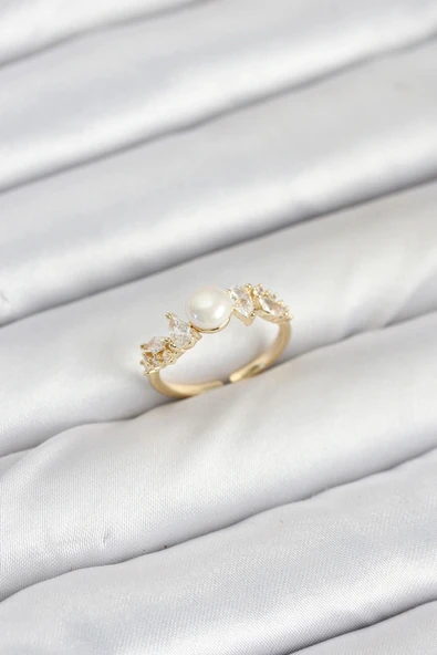 Pirinç Gold Renk Zirkon Taşlı İncili Model Kadın Yüzük ürün görseli