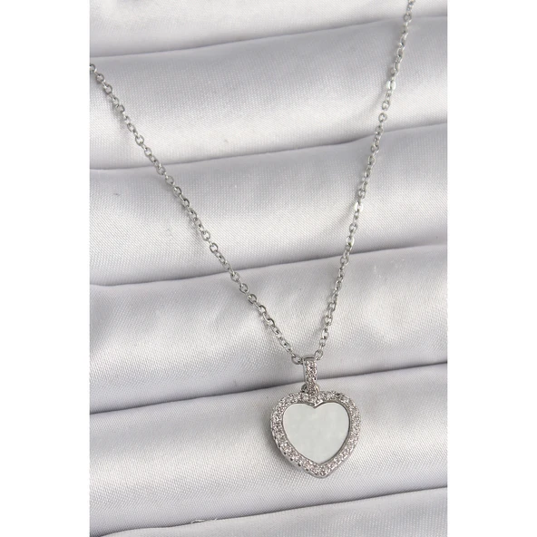 316L Çelik Gümüş Renk Zincir Zirkon Taşlı Beyaz Mineli Kalp Model Kadın Kolye Vice-5353