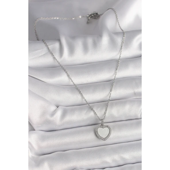316L Çelik Gümüş Renk Zincir Zirkon Taşlı Beyaz Mineli Kalp Model Kadın Kolye Vice-5353 - 2
