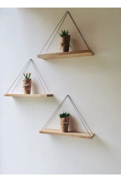 Dekoriye 3'lü Set Küçük Ahşap Rustik Asılı Halat Raflar ürün görseli 1