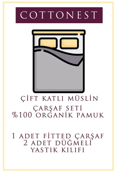 Cottonest 100% PAMUK BATTAL BOY 2 KATLI MÜSLİN ÇARŞAF SETİ 50 * 70 YASTIK KILIFI 180x200 - 2