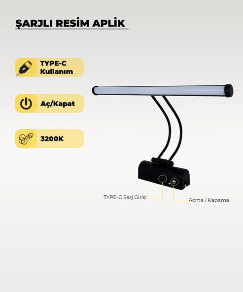Şarjlı Siyah Flüt Aplik 3200K Sarı Işık – Elektrik Gerektirmez - 1