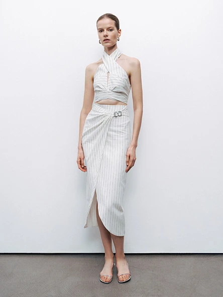 Metal Aksesuarlı Çizgili Keten Midi Etek Nocturne - Resim 3