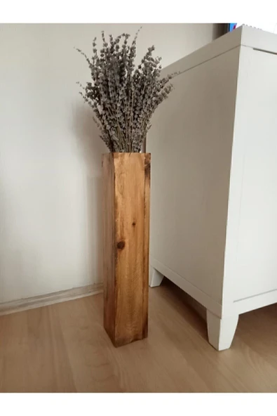 Üzüm Yaprağı Ahşap Vazo Pampas Yapay Çiçek Vazosu Uzun Biblo 49 Cm - Resim 4