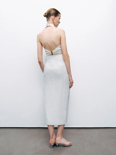 Metal Aksesuarlı Çizgili Keten Midi Etek Nocturne - Resim 2