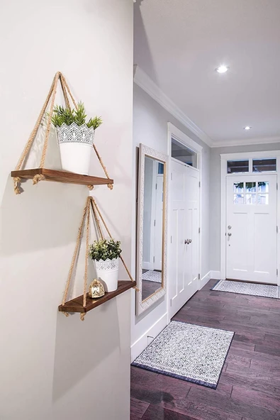 WD PRİME 2 li Dekoratif Ahşap Halatlı Duvar Rafı Kitaplık & Çiçeklik Uçan Raf ürün görseli 1