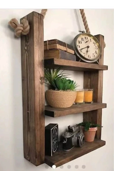 Bk Gift Dekoratif El Yapımı 3 Gözlü Masif Ahşap Raf Kitaplık Banyo Rafı Aksesuar Rafı - Resim 2