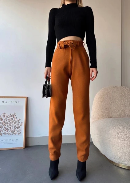 BİÇOMİ Kendinden kemerli triko pantolon camel ürün görseli
