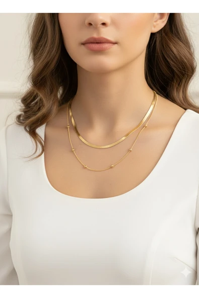 bettin tasarım İtalyan Zinciri ve Saturn Zincirli 2’li Kadın Çelik Kolye - 2