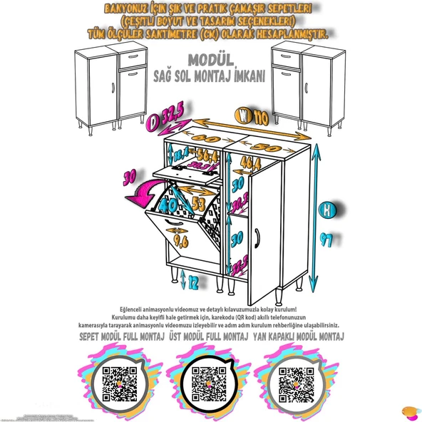Modilayn YENİCE 110x97x32,5 cm 3 raflı ve 3 sepetli dolap ile çamaşırlarınız artık daha düzenli - 4