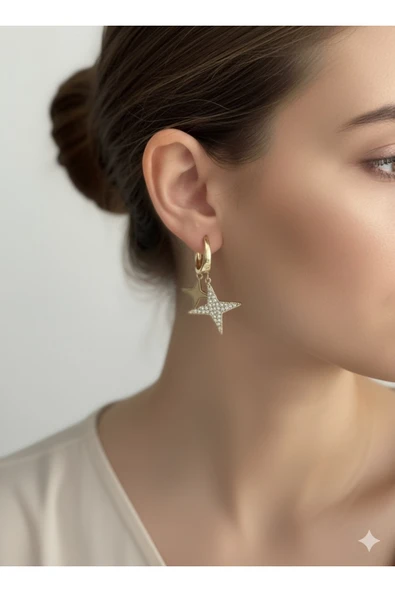 bettin tasarım Paslanmaz Çelik Yıldız Sallantılı Zirkon Taşlı Sarı Kadın Küpe - Resim 3