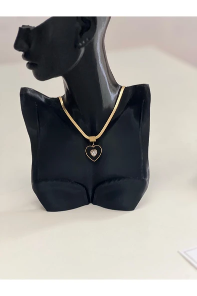 bettin tasarım İtalyan Zincir Ucu Zirkon Taşlı Kalp Detaylı Altın Sarısı Renk Kadın Çelik Kolye - Resim 6