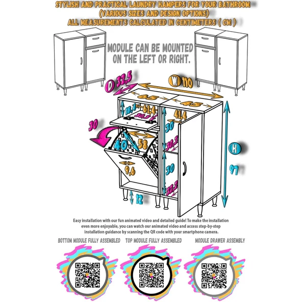 Modilayn YENİCE 110x97x32, 5 cm 3 raflı ve 3 sepetli dolap ile çamaşırlarınız artık daha düzenli. - 5
