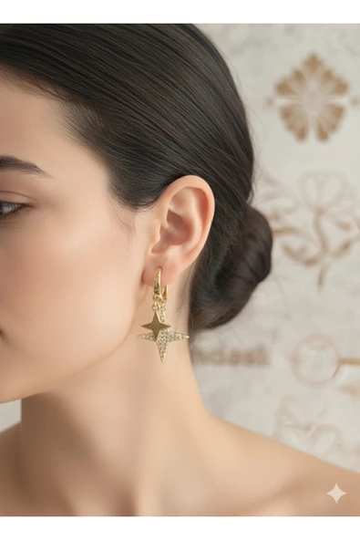 bettin tasarım Paslanmaz Çelik Yıldız Sallantılı Zirkon Taşlı Sarı Kadın Küpe - Resim 2