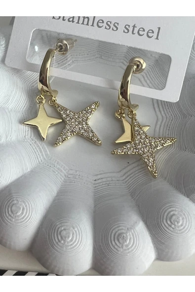 bettin tasarım Paslanmaz Çelik Yıldız Sallantılı Zirkon Taşlı Sarı Kadın Küpe - Resim 4