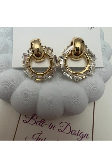 bettin tasarım Zirkon Taş Detaylı Işıltılı Halka Kadın Abiye Küpe - Resim 2