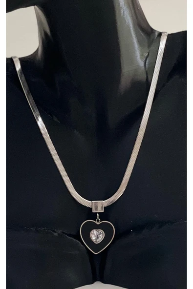 bettin tasarım İtalyan zincir zirkon taşlı kalpli gümüş renkli çelik kolye - Resim 5