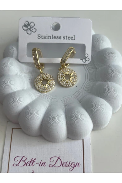 bettin tasarım Çelik Paslanmaz Özel Model Zirkon Taşlı Sarı Kadın Küpe - Resim 5