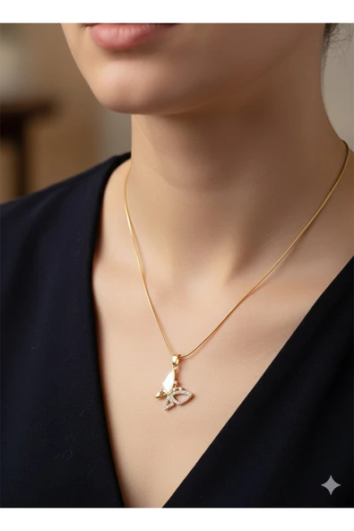 bettin tasarım İnce İtalyan Zincir Kelebek Uçlu Çelik Kadın Kolye Altın Sarısı 40cm +7cm Uzatmalı - Resim 3