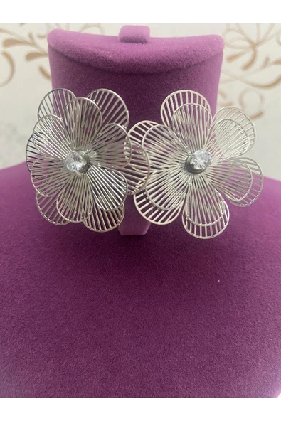 bettin tasarım Altın Renk Çelik Büyük Çiçek Model Zirkon Taş Detaylı Kadın Küpe - 12