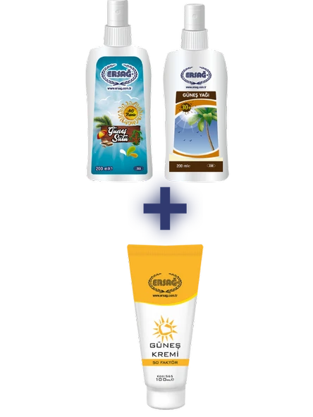 Ersağ GÜNEŞ SÜTÜ 200 ML. GÜNEŞ YAĞI 200 ML ALANA GÜNEŞ KREMİ 50 FAKTÖRLÜ 100 ML HEDİYE