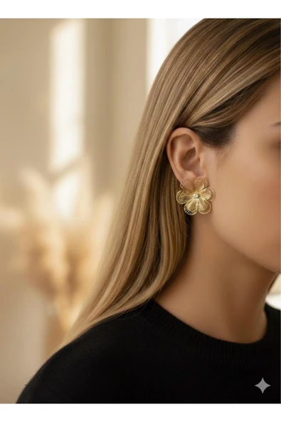 bettin tasarım Altın Renk Çelik Büyük Çiçek Model Zirkon Taş Detaylı Kadın Küpe - 4