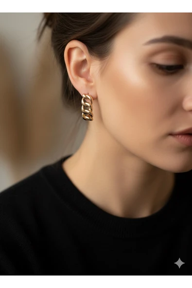 bettin tasarım Xuping Paslanmaz Sarı Zincir Model Kadın Çelik Küpe - Resim 2