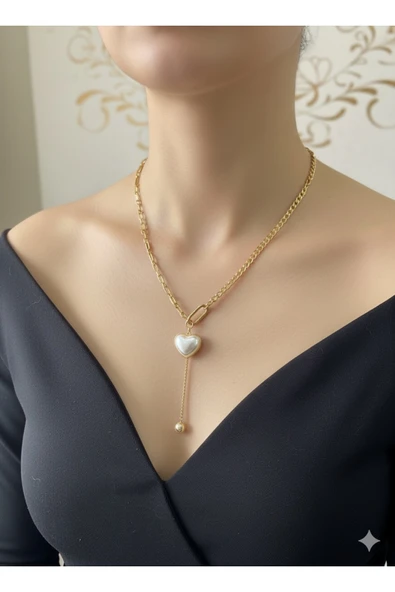 bettin tasarım Altın Renk Kalın Zincirli İncili Kalp Uçlu Kadın Çelik Kolye - Resim 2