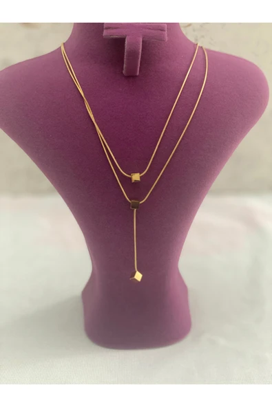 bettin tasarım 2’li İnce İtalyan Zincir Ucu Kare Detaylı Çelik Kadın Y Kolye Altın Sarısı - Resim 7